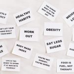 Collection of motivational health and fitness messages on white cards, promoting a healthy lifestyle.