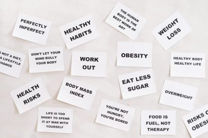 Collection of motivational health and fitness messages on white cards, promoting a healthy lifestyle.