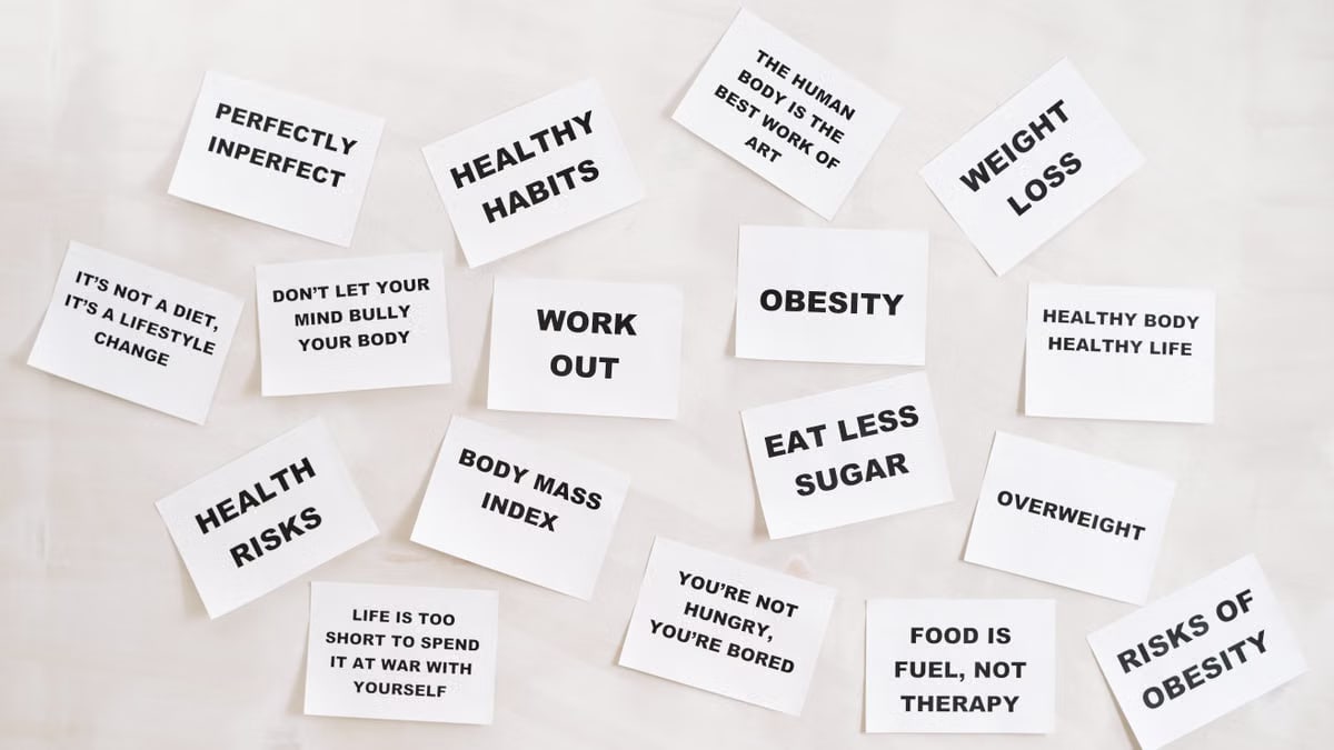Collection of motivational health and fitness messages on white cards, promoting a healthy lifestyle.