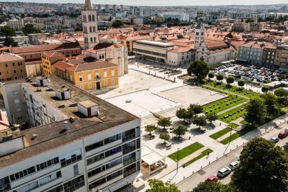 Aerial image of Zadar, Croatia showcasing historic architecture and urban landscape.