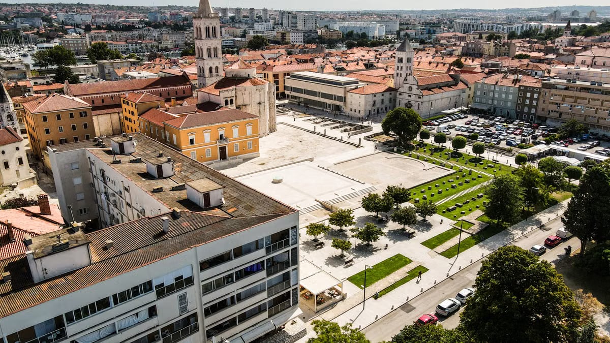 Aerial image of Zadar, Croatia showcasing historic architecture and urban landscape.